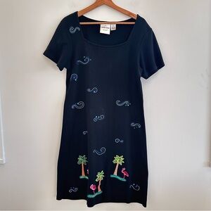 Michael Simon Cotton Knit Flamingo Embellished Black Dress Square Neck Large